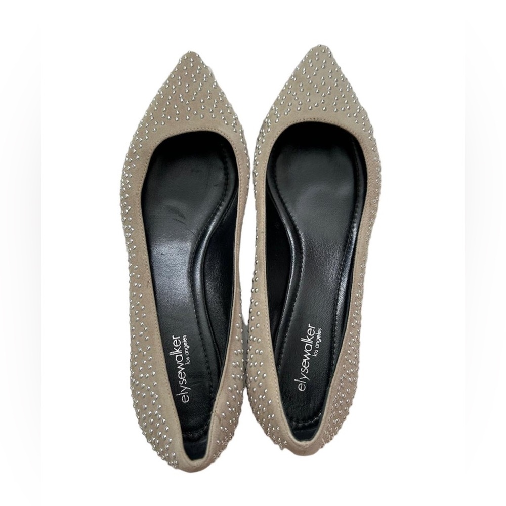 ELYSE WALKER Los Angeles Barbara Studded Suede Pointy Flats in Light Tau…